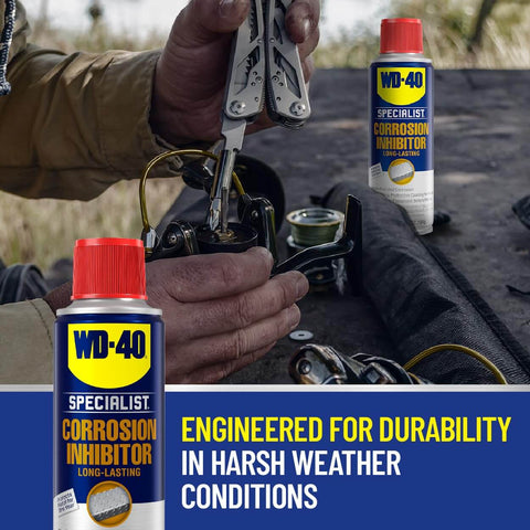 Person using multi-tool near WD-40 Specialist Corrosion Inhibitor, Long Lasting Anti Rust Spray For Metal Parts That Keeps Rust Away Indoors Up To Two Years And Outdoors Up To One Year 6.5 Oz, highlighting durability in harsh weather conditions.