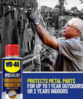Long Lasting Anti Rust Spray For Metal Parts That Keeps Rust Away Indoors Up To Two Years And Outdoors Up To One Year 6.5 Oz WD-40 Specialist Corrosion Inhibitor, displayed with a man applying to outdoor tools.