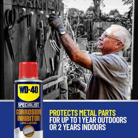 Long Lasting Anti Rust Spray For Metal Parts That Keeps Rust Away Indoors Up To Two Years And Outdoors Up To One Year 6.5 Oz WD-40 Specialist Corrosion Inhibitor, displayed with a man applying to outdoor tools.