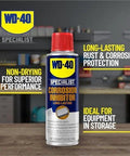 Long Lasting Anti Rust Spray For Metal Parts That Keeps Rust Away Indoors Up To Two Years And Outdoors Up To One Year 6.5 Oz WD-40 Specialist Corrosion Inhibitor can on workshop table