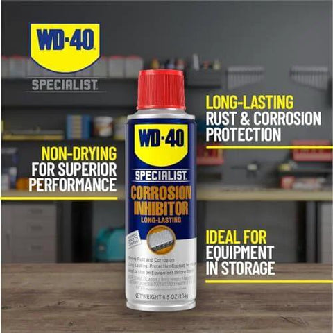 Long Lasting Anti Rust Spray For Metal Parts That Keeps Rust Away Indoors Up To Two Years And Outdoors Up To One Year 6.5 Oz WD-40 Specialist Corrosion Inhibitor can on workshop table