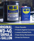 Heavy Duty Multipurpose Lubricant Spray For Tools And Equipment That Cleans Grease Grime And Dirt Penetrates Stuck Parts Displaces Moisture Prevents Rust And Corrosion Degreases Tar And Adhesives In A 1 Gallon Can From The Trusted WD-40 Brand; original WD-40 formula, 5 gallon can in workshop.