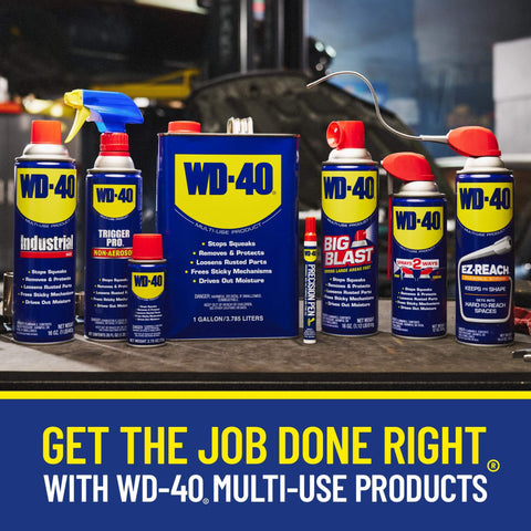Collection of WD-40 products including All Purpose Lubricant That Drives Out Moisture and Fights Rust, Protects Metal From Corrosion