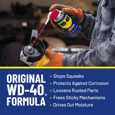 Person using WD-40 Original Formula Multi Use Spray with Smart Straw on equipment, All Purpose Lubricant That Drives Out Moisture And Frees Stuck Parts Your Go To Rust Fighter Prevents Rust And Works On Electrical Systems With A Two Way Smart Straw WD-40 Original Formula Multi Use Spray 12 Oz Pack Of 6