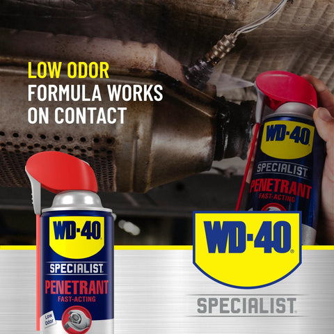 WD-40 Specialist fast rust relief penetrant in action, low odor formula spraying on metal surface