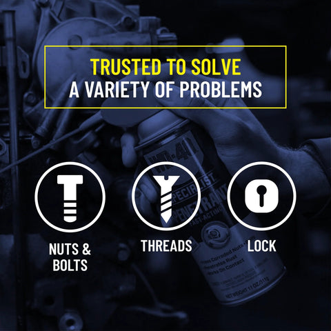WD-40 Specialist for fast rust relief penetrant, solving problems with nuts, bolts, threads, and locks using Smart Straw spray.