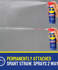 WD-40 can with smart straw spraying in two modes, close-up view of spray function, emphasizing permanent attachment.