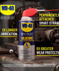 Image of WD-40 Specialist Silicone Lubricant with SMART STRAW SPRAYS 2 WAYS, 11 OZ can on a metal surface, highlighting features.