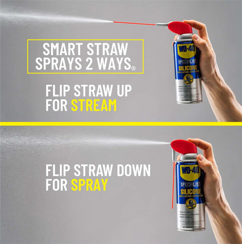 WD-40 Specialist Silicone Lubricant with SMART STRAW SPRAYS 2 WAYS, 11 OZ, showing straw in up and down positions for spray options