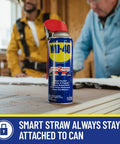 All Purpose Lubricant That Drives Out Moisture And Frees Stuck Parts Your Go To Rust Fighter Prevents Rust And Works On Electrical Systems With A Two Way Smart Straw WD-40 Original Formula Multi Use Spray 12 Oz Pack Of 6 displayed on a table with two men in background.
