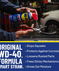 Person using WD-40 spray with Smart Straw on pliers in garage, highlighting its uses: stops squeaks, protects, loosens, frees, drives out moisture.