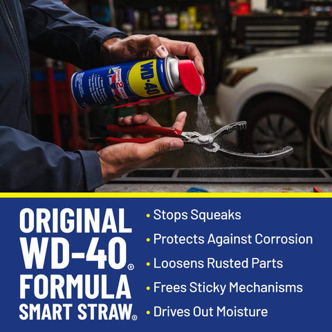 Person using WD-40 spray with Smart Straw on pliers in garage, highlighting its uses: stops squeaks, protects, loosens, frees, drives out moisture.