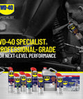 Mechanic using WD-40 Specialist Long Lasting Anti Rust Spray for metal parts, professional-grade products lined up, includes corrosion inhibitor