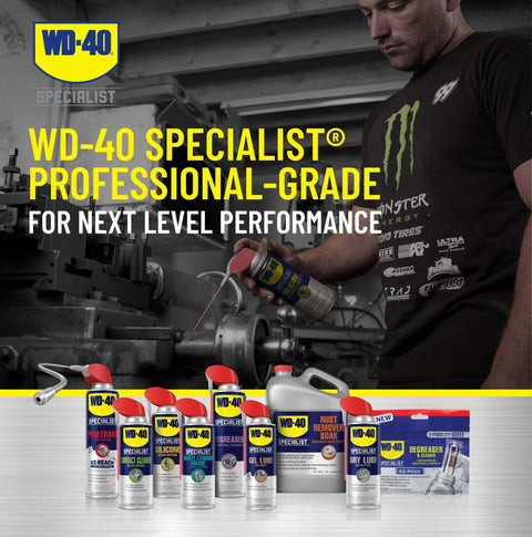 Image of WD-40 Specialist Silicone Lubricant with SMART STRAW SPRAYS 2 WAYS, 11 OZ shown among the WD-40 product range, with mechanic usage.