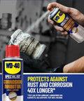 Long Lasting Anti Rust Spray For Metal Parts That Keeps Rust Away Indoors Up To Two Years And Outdoors Up To One Year 6.5 Oz WD-40 Specialist Corrosion Inhibitor being sprayed on metal.