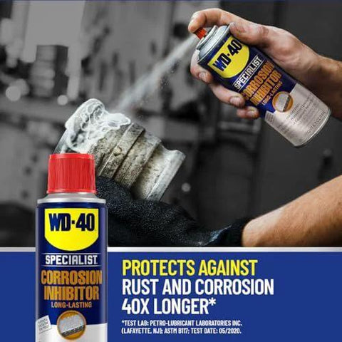Long Lasting Anti Rust Spray For Metal Parts That Keeps Rust Away Indoors Up To Two Years And Outdoors Up To One Year 6.5 Oz WD-40 Specialist Corrosion Inhibitor being sprayed on metal.