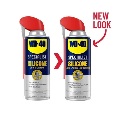 WD-40 Specialist Silicone Lubricant with SMART STRAW SPRAYS 2 WAYS, 11 OZ, showing old and new packaging design