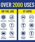Illustration showing over 2000 uses for WD-40, listing categories like auto parts, circuit boards, plumbing, cars, and furniture.