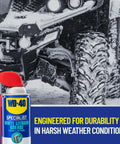 Image of WD-40 Specialist White Lithium Grease Spray with SMART STRAW SPRAYS 2 WAYS, 10 OZ, in front of an ATV in snow.