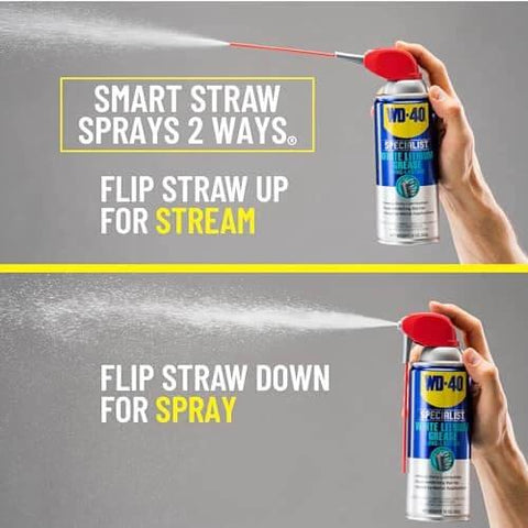 WD-40 Specialist White Lithium Grease Spray with SMART STRAW SPRAYS 2 WAYS, 10 OZ can demonstrating spray options