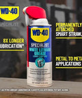 Front view of WD-40 Specialist White Lithium Grease Spray with SMART STRAW SPRAYS 2 WAYS, 10 OZ on a wooden surface