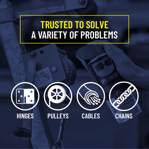 Image showing WD-40 Specialist White Lithium Grease Spray with SMART STRAW SPRAYS 2 WAYS being used on machinery parts.