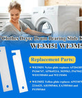 Woman next to washing machine showcasing Replacement Drum Bearing Slide Kit For Clothes Dryers with Teflon and Nylon Glides WE3M51 WE3M52