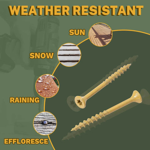 Weather-resistant tan Deck Screws 3 Inch, rust-resistant, epoxy coated, with Torx/Star Drive, suitable for outdoor use.