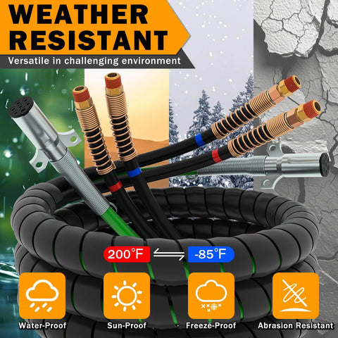 Heavy Duty 12 Ft 3 In 1 Semi Truck Air Lines Kit With Trailer Cord And Air Brake Hoses Assembly No Rubber Gladhand Handles Includes ABS Power Line Stainless Clamp And Teflon Tape DOT SAE Certified SAE J2394 J1402A For Tractor Trailer coiled with weather resistance icons