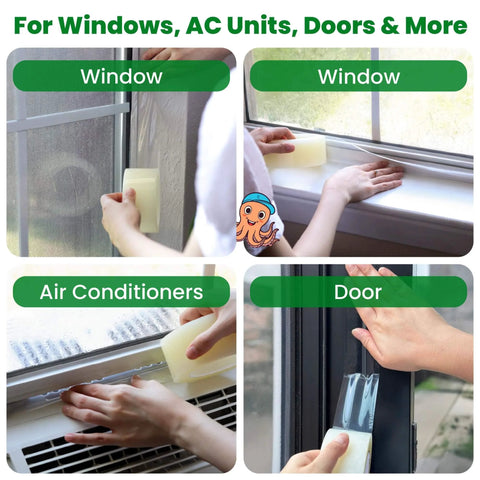 Applying Window Weather Sealing Tape on windows and AC units to block drafts and moisture, 2 inch by 90 ft, clear.