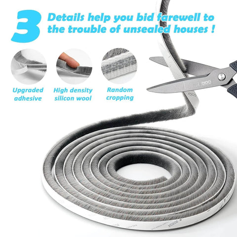 Coiled 40FT Weather Stripping Door Seal being cut with scissors, showcasing upgraded adhesive and high-density silicon wool.