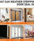 Diagram showing uses of Black Rubber Weather Stripping Door Seal Strip: windproof, dustproof, soundproof, block light, anti-insects, keep room temperature.