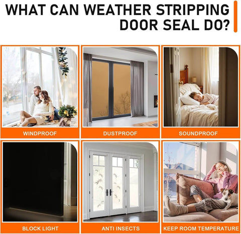 Diagram showing uses of Black Rubber Weather Stripping Door Seal Strip: windproof, dustproof, soundproof, block light, anti-insects, keep room temperature.