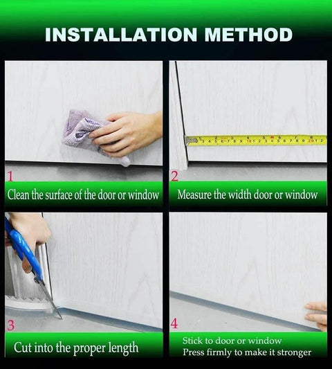Installation guide for Updated Weather Stripping Door Seal, showing steps to clean, measure, cut, and apply the seal strip.