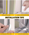 Installation steps for 40FT Weather Stripping Door Seal Window Seal, showing measurement, cleaning, applying, and cutting.