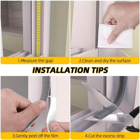 Installation steps for 40FT Weather Stripping Door Seal Window Seal, showing measurement, cleaning, applying, and cutting.
