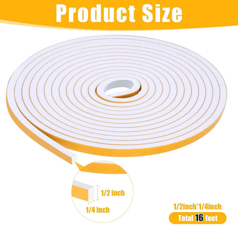 16Feet Weather Stripping Seal (1/2 Inch X 1/4 Inch) for Door Window shown as coiled white foam tape with size dimensions