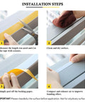 Installation steps for 16Feet Weather Stripping Seal (1/2 Inch X 1/4 Inch) for Door Window showing cutting, cleaning, peeling, and applying.