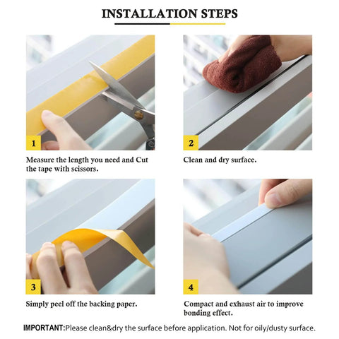 Installation steps for 16Feet Weather Stripping Seal (1/2 Inch X 1/4 Inch) for Door Window showing cutting, cleaning, peeling, and applying.