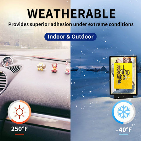 Ultra Strength Heavy Duty Double Sided Tape With Industrial Adhesive Waterproof Foam Mounting Tape For Indoor And Outdoor Use Multipurpose Wall Mount And Automotive Adhesive 0.6 Inch By 30 Feet 2 Rolls shown in use on car dashboard and outdoor billboard