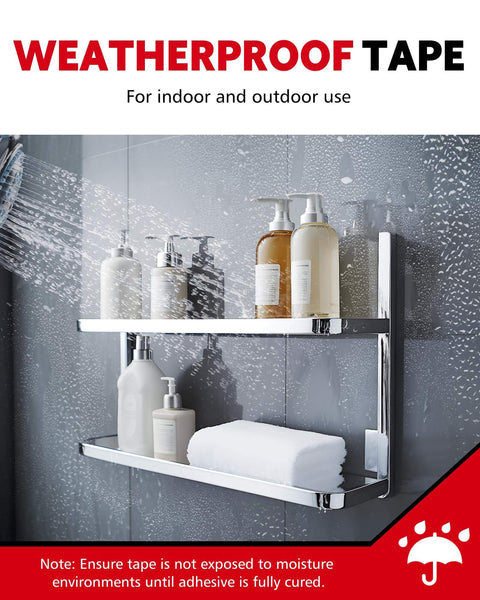 Bathroom shelf with toiletries attached using Heavy Duty Double Sided Tape 1/2 Inch By 50 Feet Waterproof Mounting Tape.