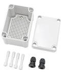 Weatherproof Outdoor Electrical Box With Cover IP67 Dustproof Enclosure For Outdoor Use Universal Durable Cable Box Measures 4.33 Inch 3.15 Inch 3.35 Inch Includes Two NPT One Quarter Inch Glands Ideal For Wet Environments shown open with glands and mounting accessories.