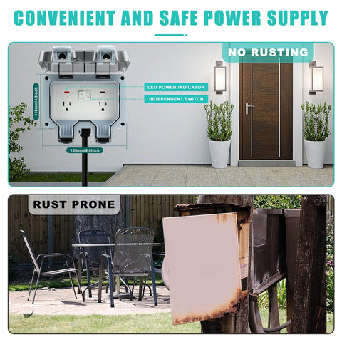 Outdoor Electrical Outlet With Switch And LED Indicator 15A 110-250V IP66 Waterproof Weatherproof Power Socket Box With Cable Glands For Garden Driveway Parking Lot Lawn Courtyard installed on wall, showing LED indicator and switch.