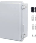 Outdoor Weatherproof Junction Box Built Tough For Real World Use IP67 Waterproof Electrical Enclosure In ABS Plastic With Stainless Steel Latch Hinged Cover Mounting Plate Wall Brackets And Cable Glands 280x190x130mm shown with accessories.