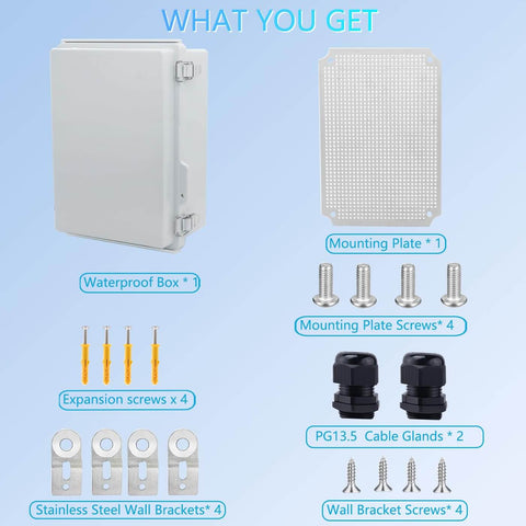 Outdoor Weatherproof Junction Box Built Tough For Real World Use IP67 Waterproof Electrical Enclosure with accessories shown