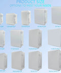 Various sizes of outdoor weatherproof junction boxes with IP67 waterproof electrical enclosure in ABS plastic and stainless steel latch.