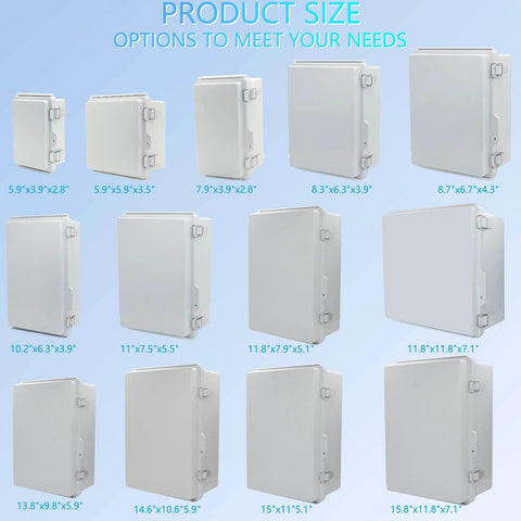 Various sizes of outdoor weatherproof junction boxes with IP67 waterproof electrical enclosure in ABS plastic and stainless steel latch.