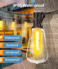 Brighten patios and yards with 100 ft weatherproof LED string lights, 37 ST38 bulbs, a warm 2700K glow, in rainy outdoor setting