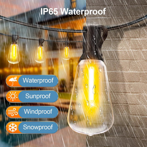 Brighten patios and yards with 100 ft weatherproof LED string lights, 37 ST38 bulbs, a warm 2700K glow, in rainy outdoor setting