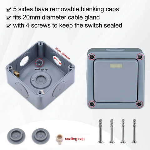 Weatherproof Outdoor Light Switch 1-Gang 2-Way IP66 Rated Built Tough For Exterior Boxes, side and front view with gland cap and screws